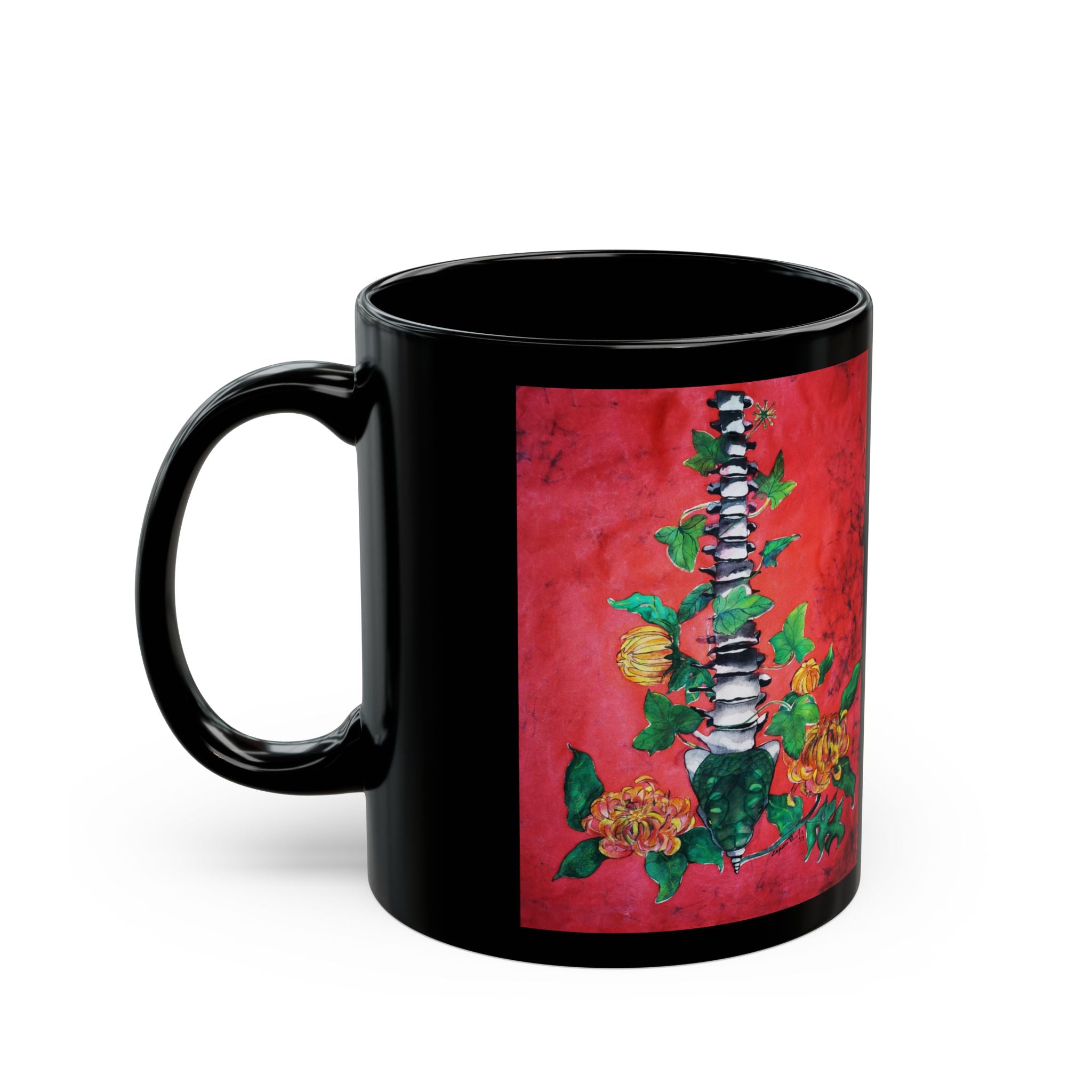Anatomical Spine & Flowers Black Mug – Gothic Floral Coffee Cup (11oz/15oz)