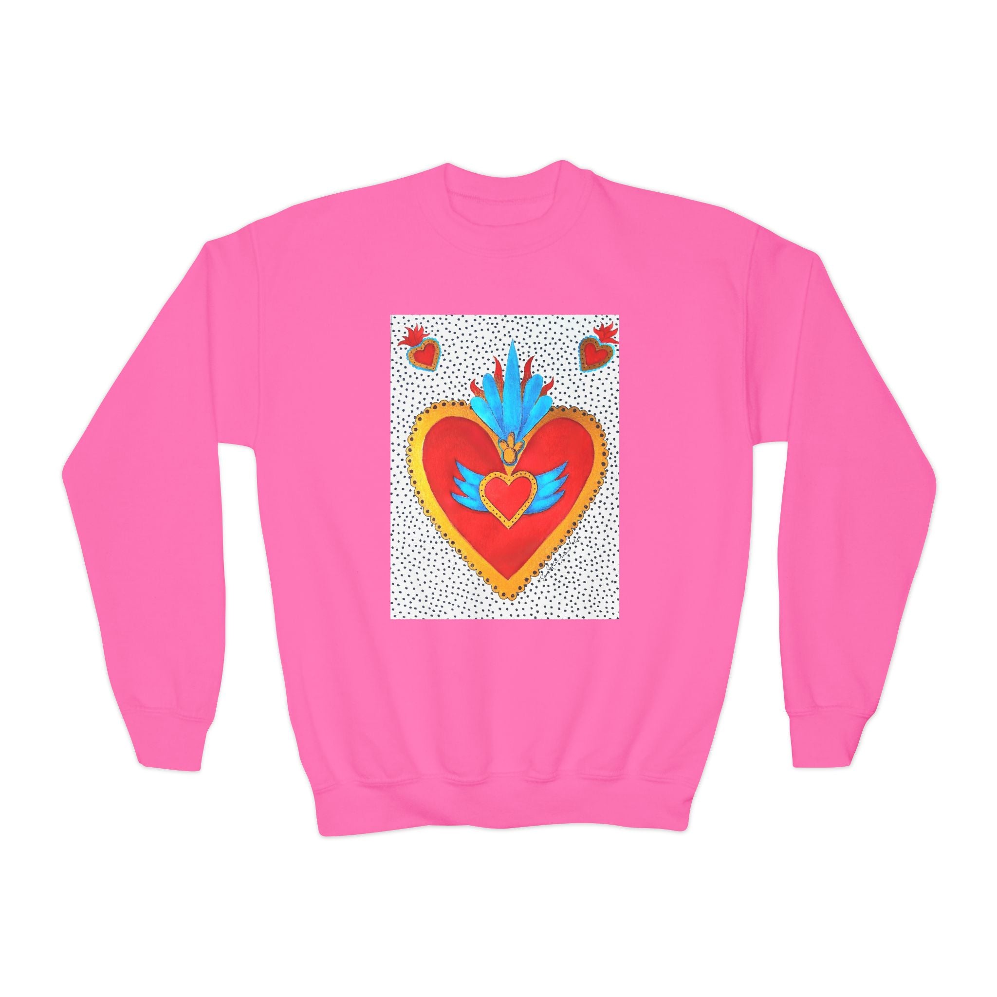 "Tin Heart" Youth Crewneck Sweatshirt — Bright Sacred Heart Graphic Tee for Kids