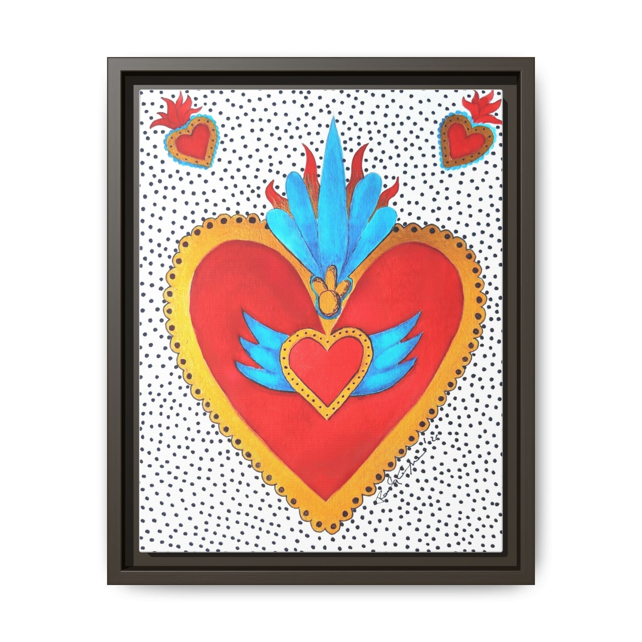"Tin Heart" Framed Sacred Heart Canvas Art — Colorful Folk Heart Wall Decor