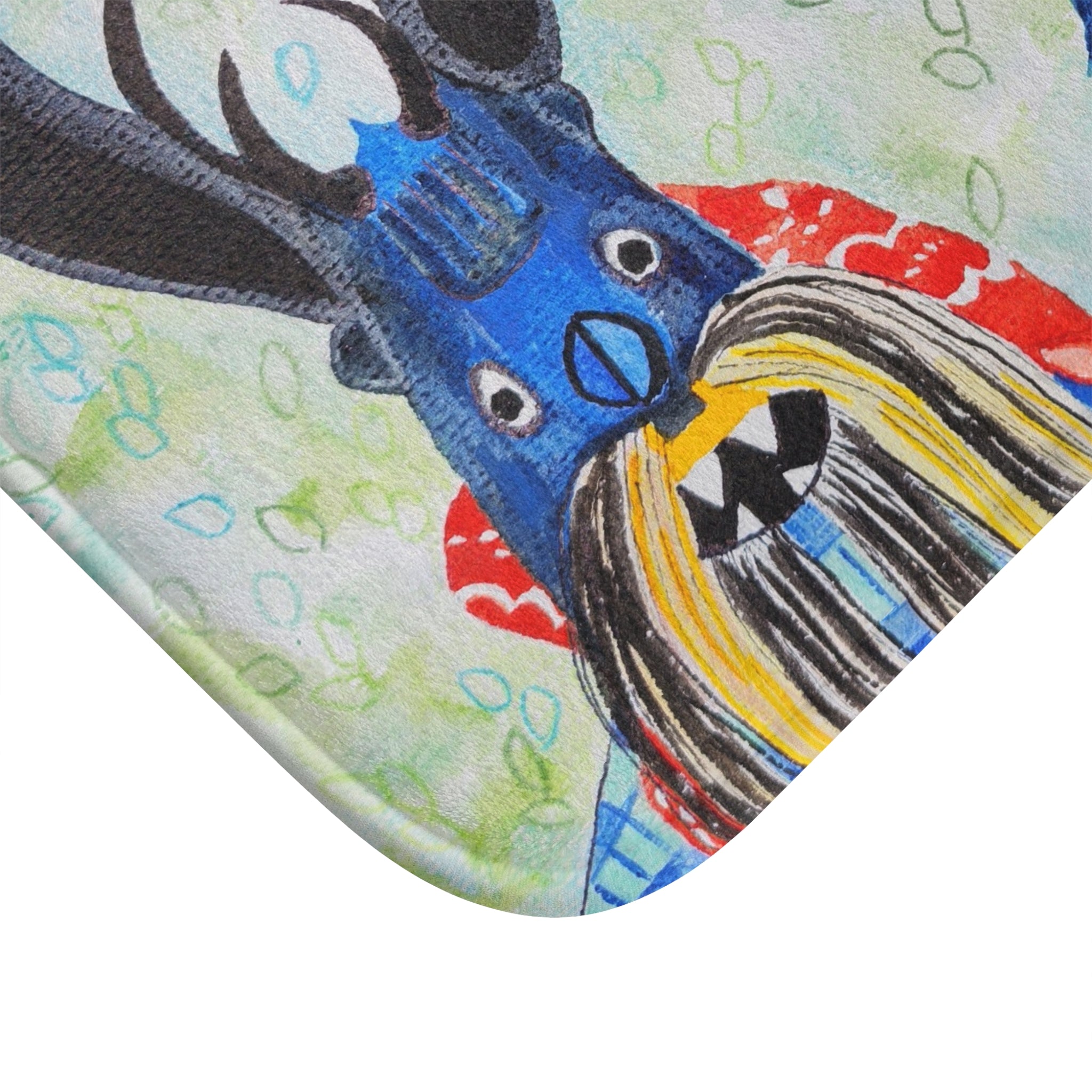 Whimsical Tribal Mask Bath Mat — Colorful Folk-Art Bathroom Rug
