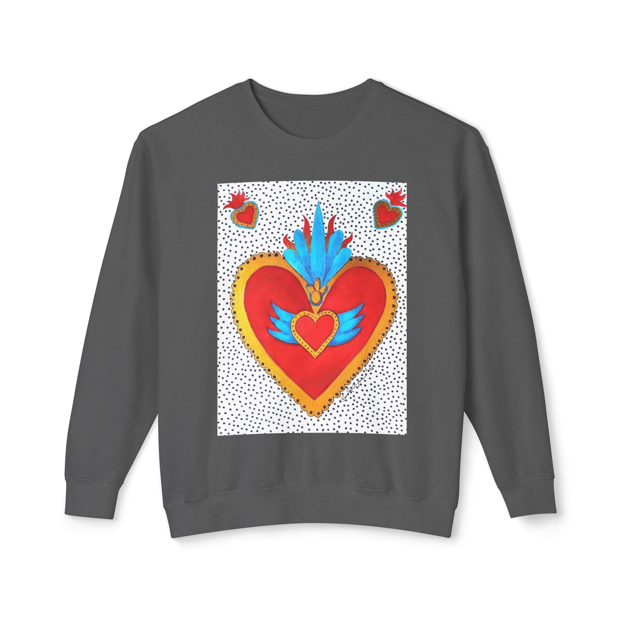 Sweat-shirt ras du cou Cœur Sacré — Motif de cœur coloré d'art populaire mexicain