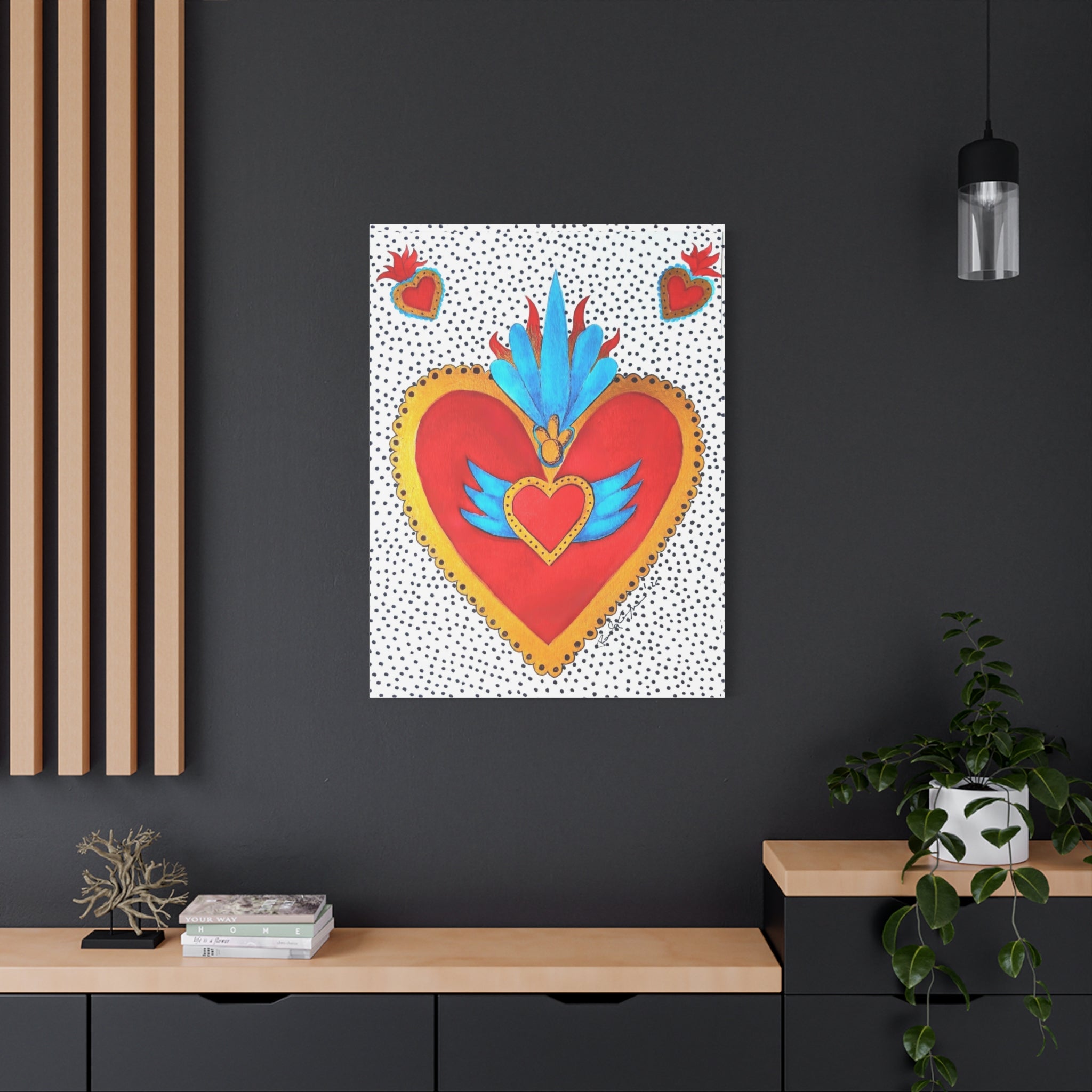 "Corazon de hojalata" Tableau imprimé Cœur Sacré d'art populaire — Décoration murale Cœur rouge et or éclatant