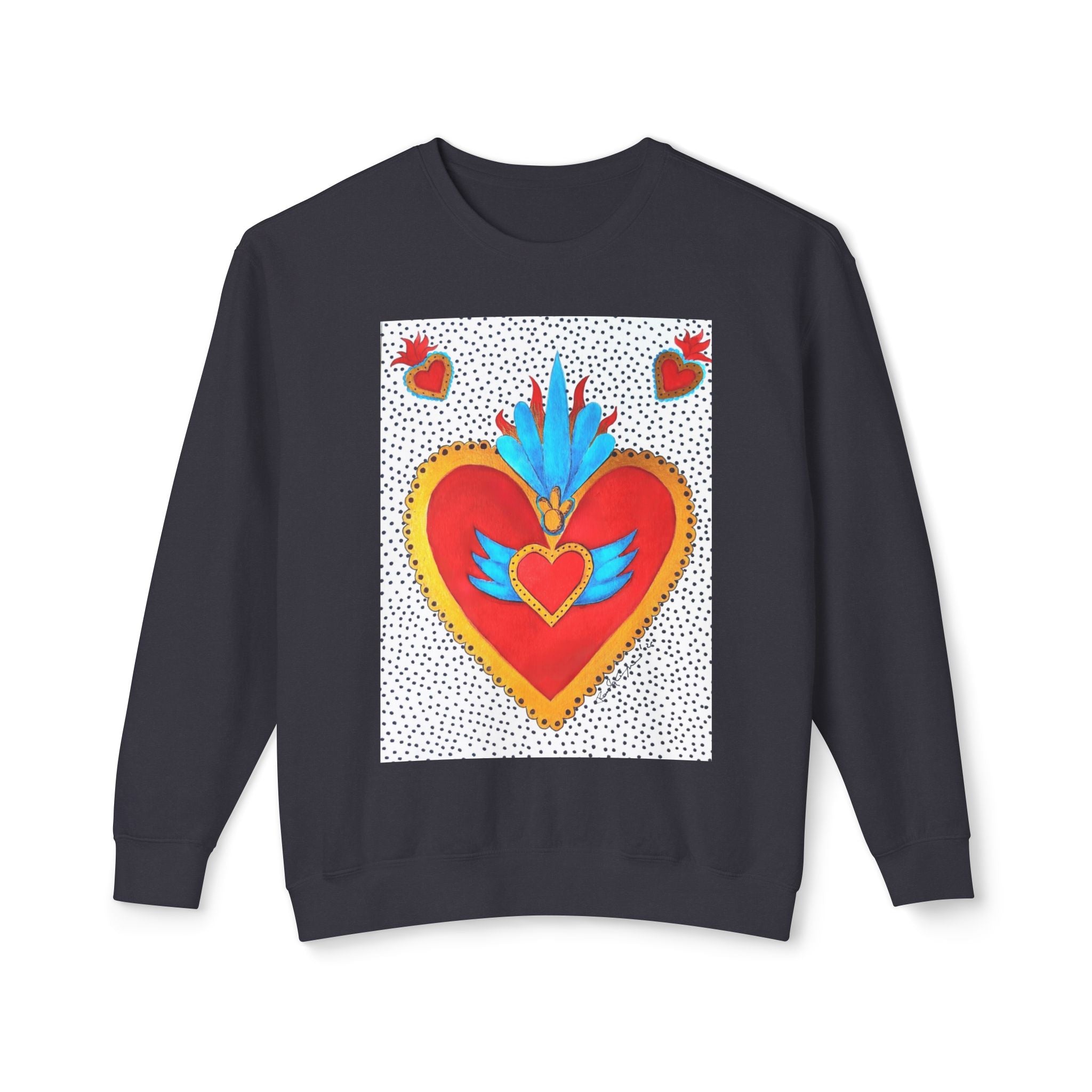 Sweat-shirt ras du cou Cœur Sacré — Motif de cœur coloré d'art populaire mexicain