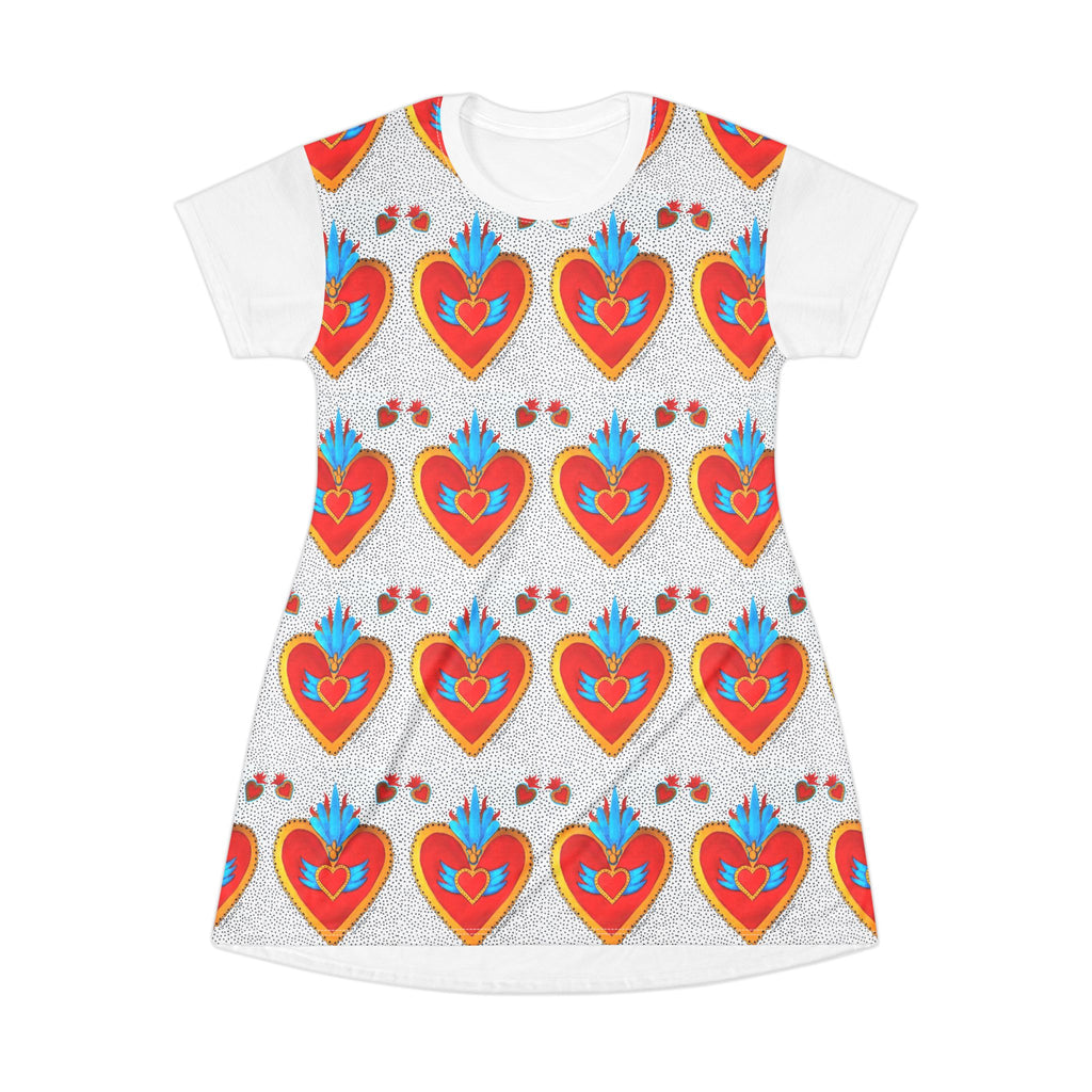 Sacred Heart Pattern T-Shirt Dress – Vibrant Folk Art Heart Print