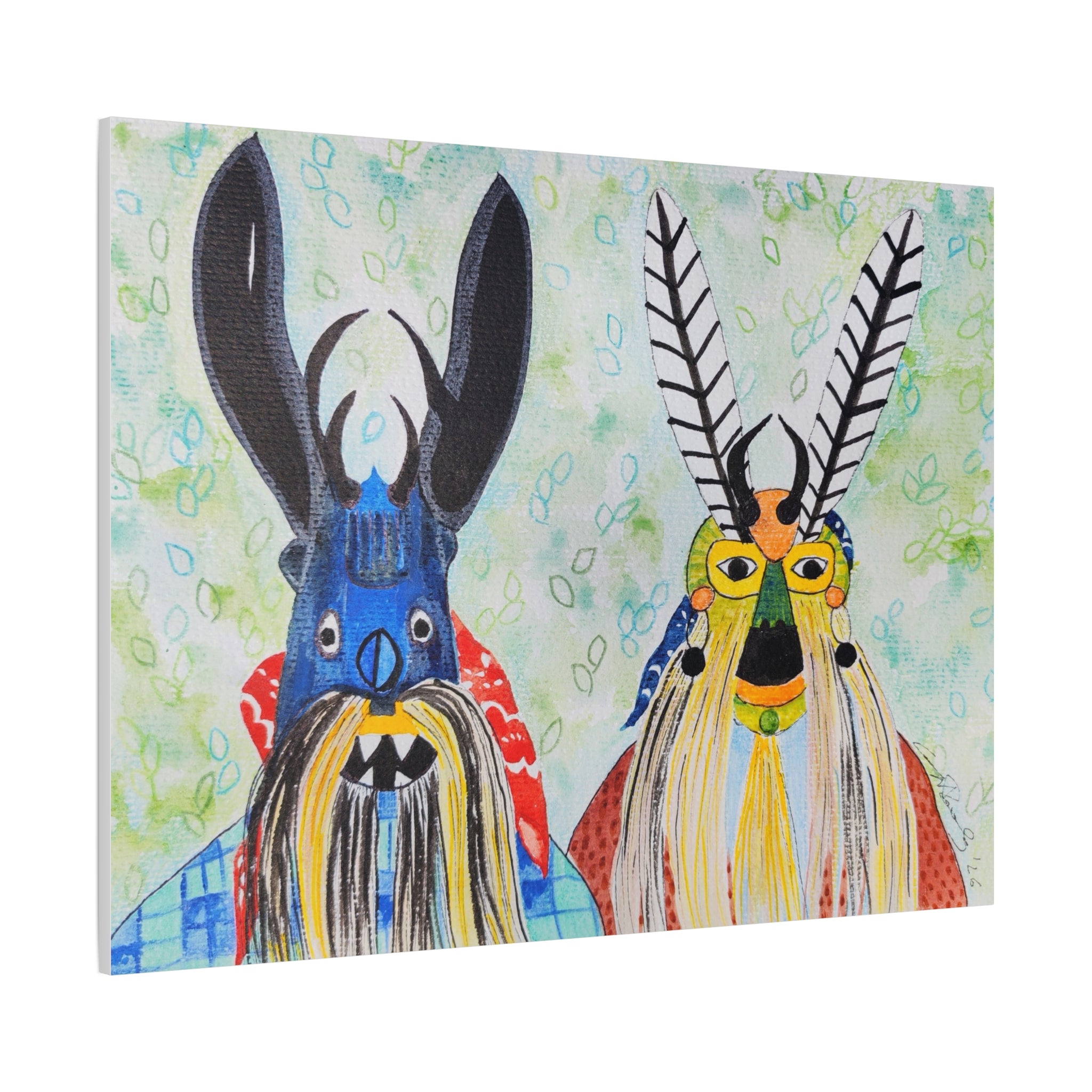 Tribal Mask Art Matte Canvas — Colorful Folk Portrait, Stretched Wall Art