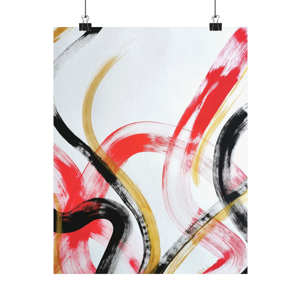 Abstract Brushstroke Matte Poster â€” Red, Black & Gold Vertical Wall Art