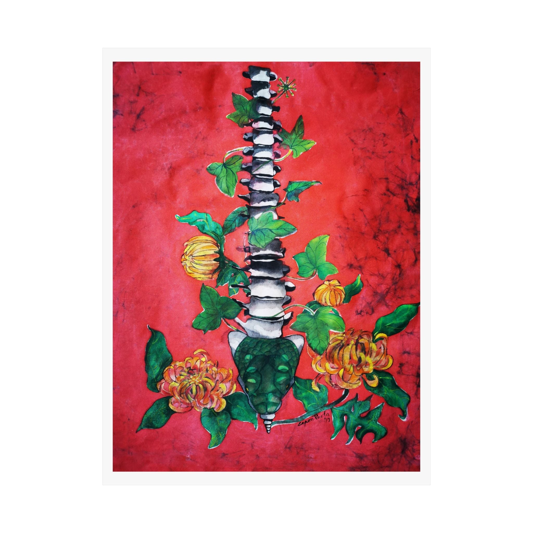 Spine & Chrysanthemum Art Poster — Botanical Anatomy Vertical Print