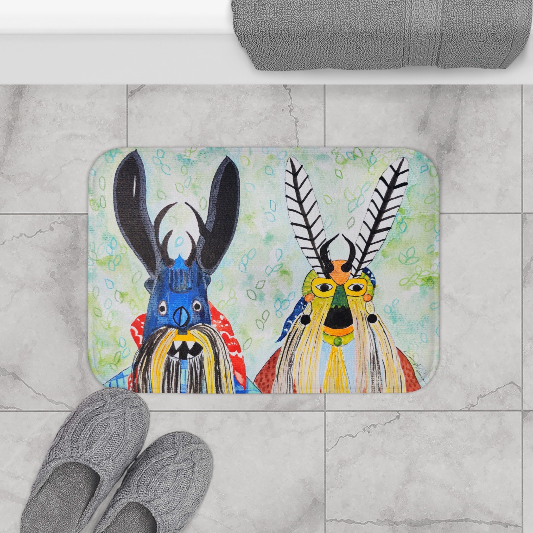 Whimsical Tribal Mask Bath Mat — Colorful Folk-Art Bathroom Rug