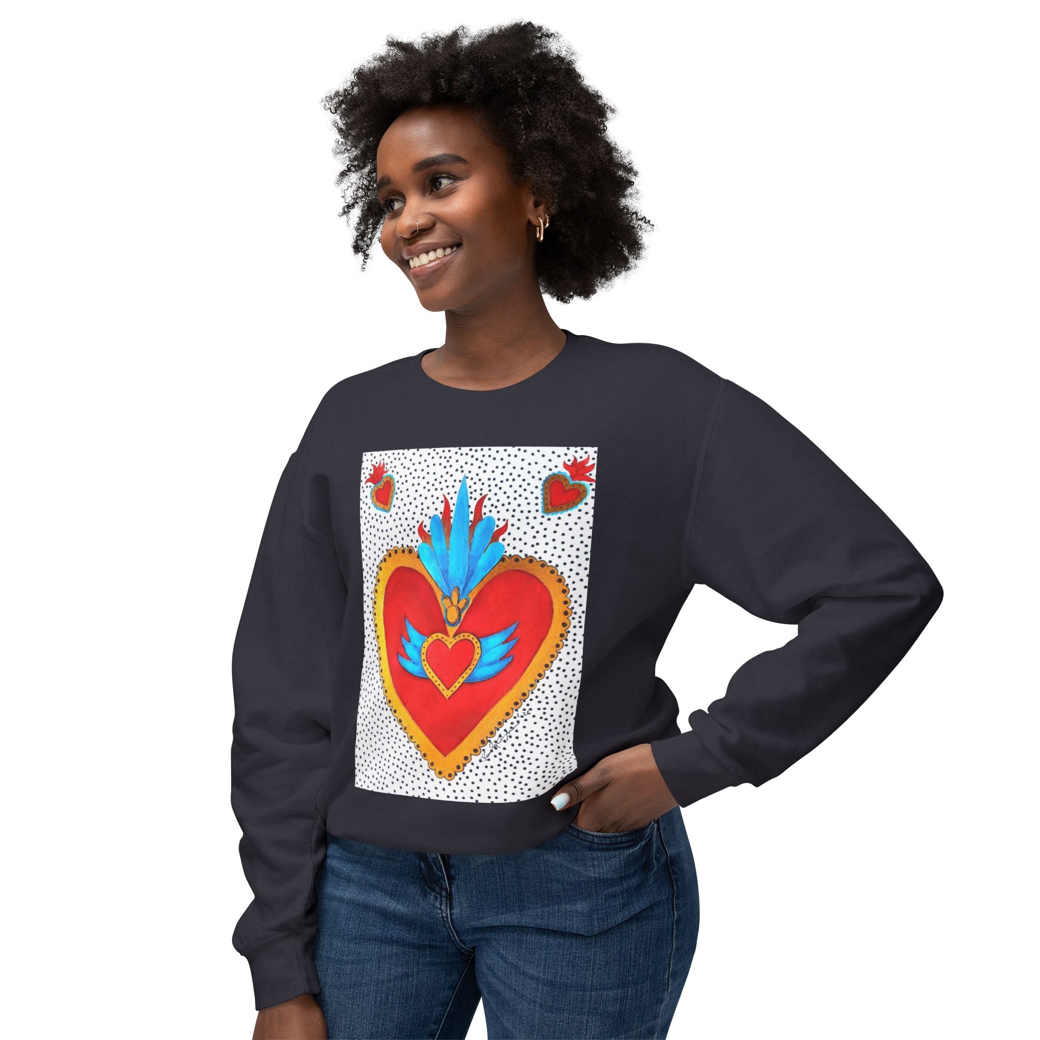 Sweat-shirt ras du cou Cœur Sacré — Motif de cœur coloré d'art populaire mexicain