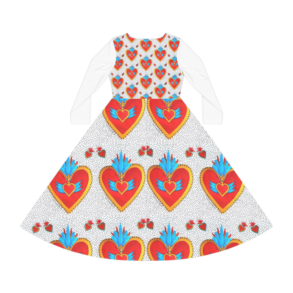 Heart Motif Long Sleeve Dance Dress — Vibrant Sacred Heart Pattern