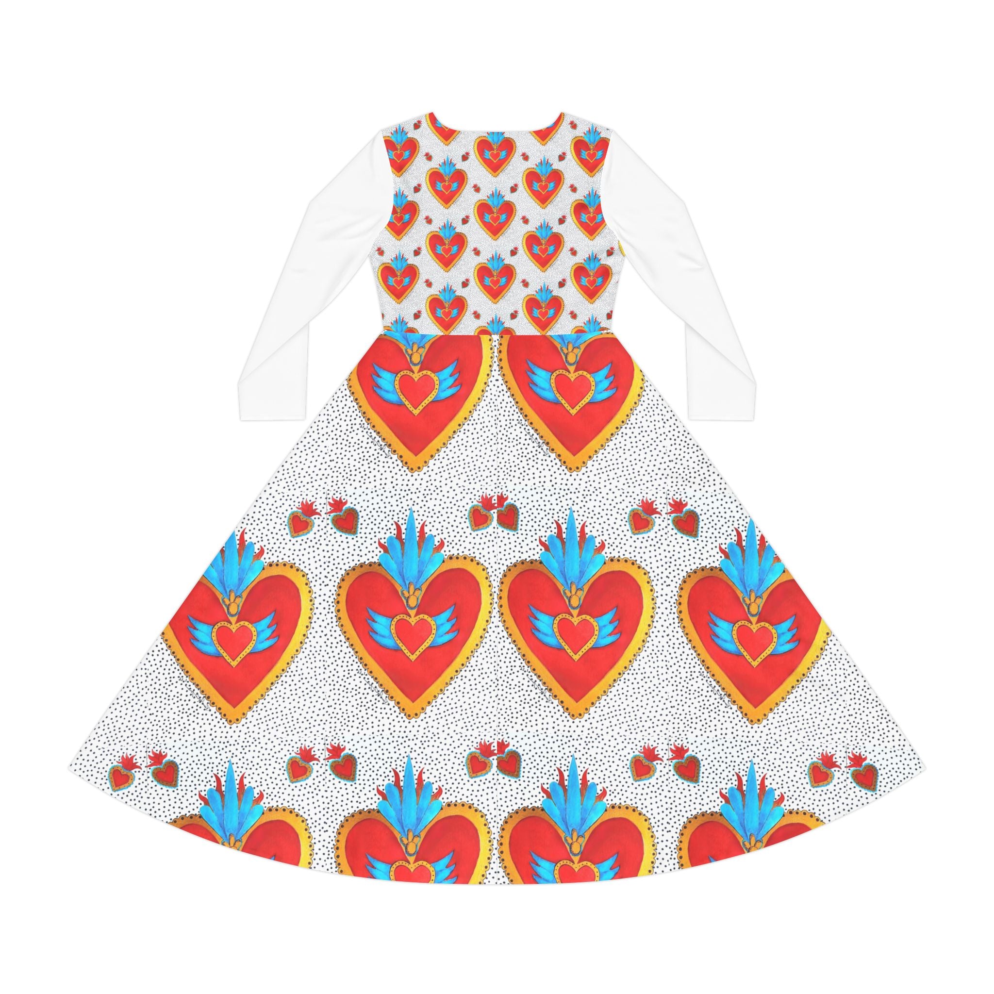 Heart Motif Long Sleeve Dance Dress — Vibrant Sacred Heart Pattern