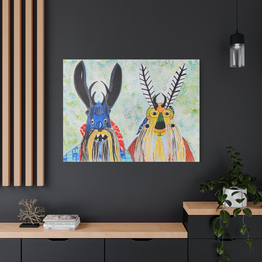 Tribal Mask Art Matte Canvas — Colorful Folk Portrait, Stretched Wall Art