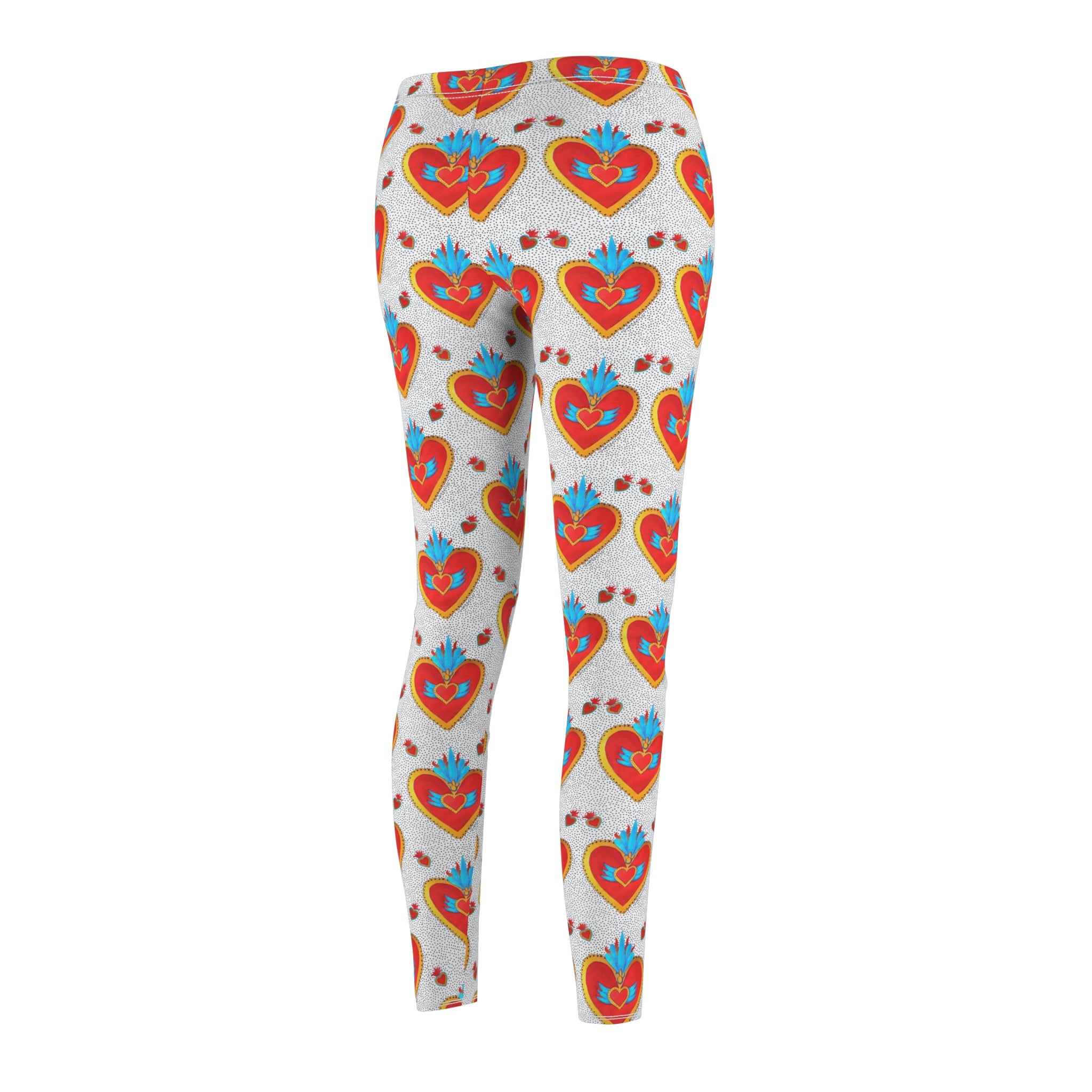 Heart Motif Leggings — Red Folk Art Sacred Heart Pattern for Women