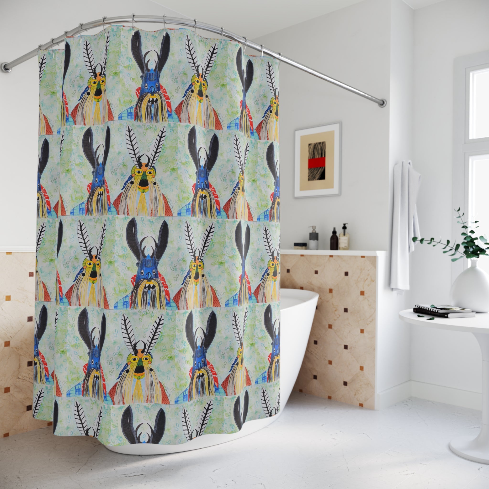 Boho Tribal Mask Pattern Shower Curtain — Colorful Folk Art Bathroom Decor