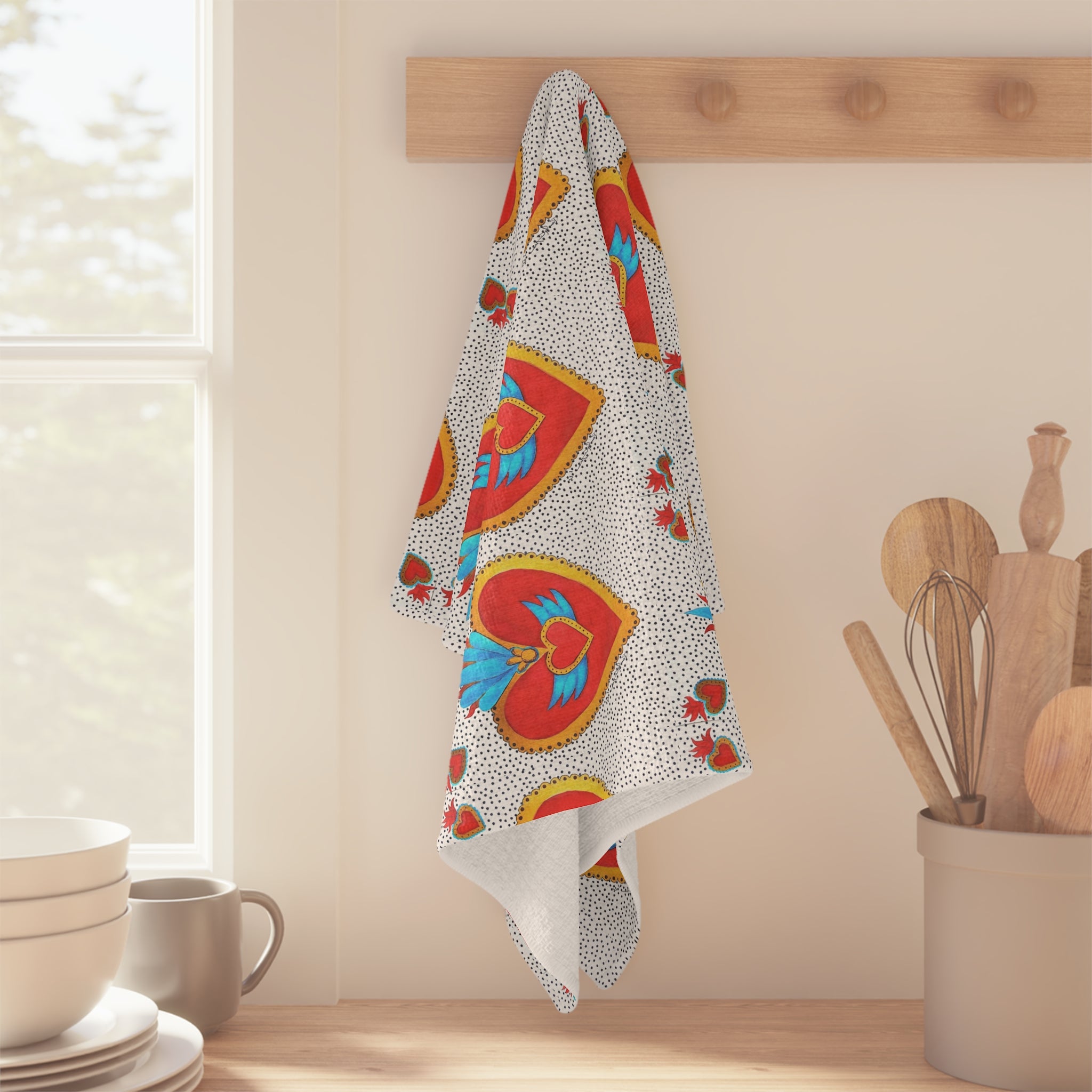 Mexican Sacred Heart Pattern Microfiber Tea Towel - Colorful Folk Art Hearts