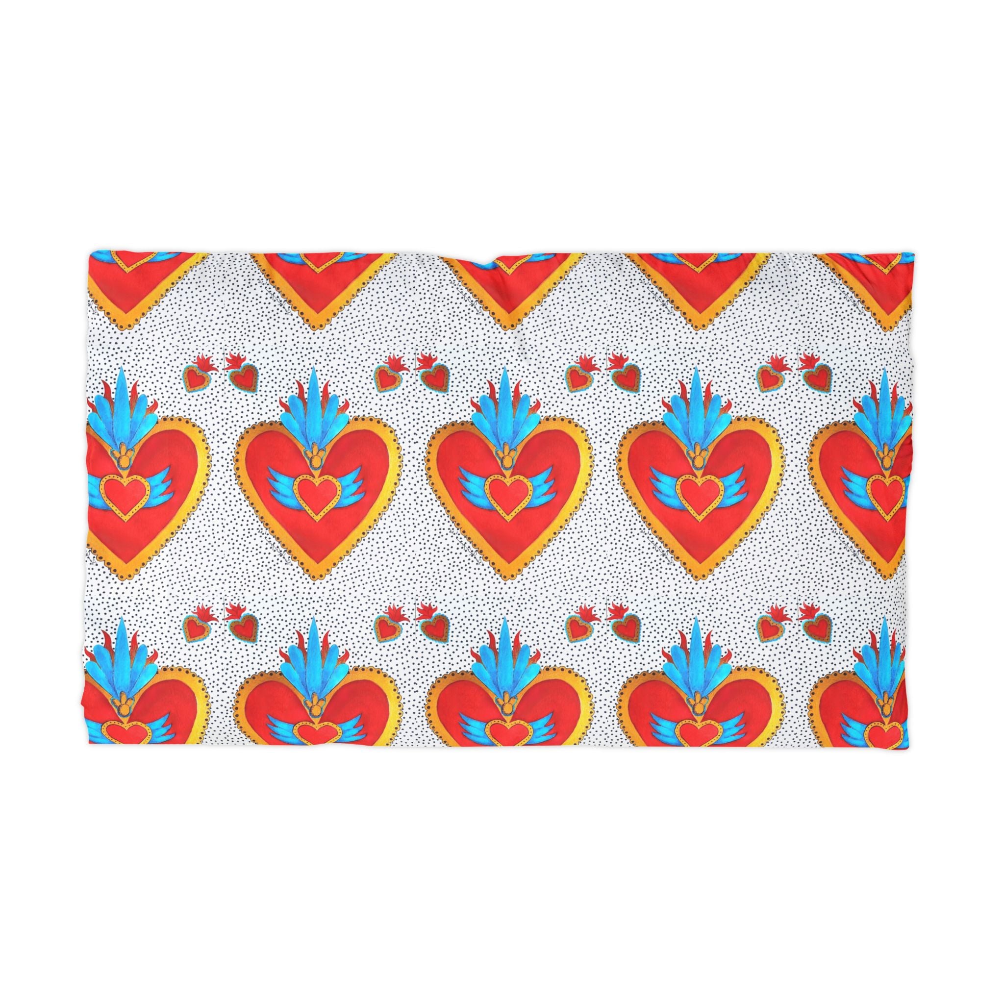 Heart Folk Pillowcase — Bright Mexican Sacred Heart Pattern Microfiber Pillowcase