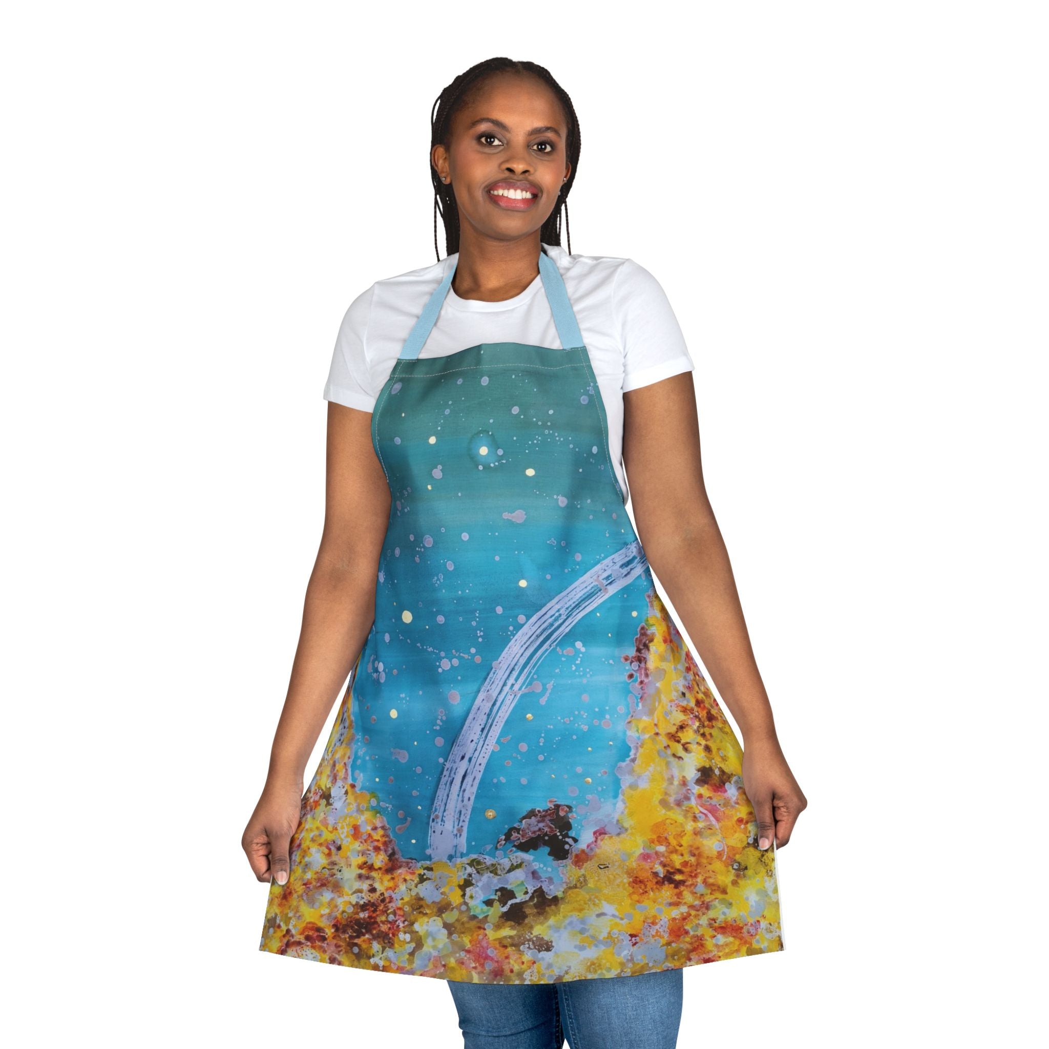 Cosmic Reef Apron — Ocean Galaxy Kitchen Apron with Blue & Coral Abstract Design