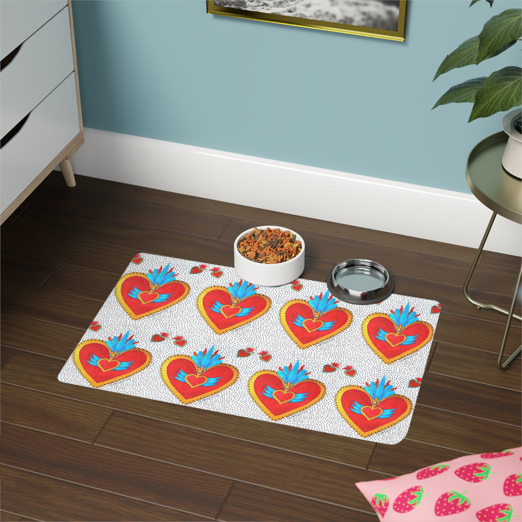 Heart Motif Pet Food Mat (12x18) — Colorful Sacred Heart Pattern for Dogs & Cats