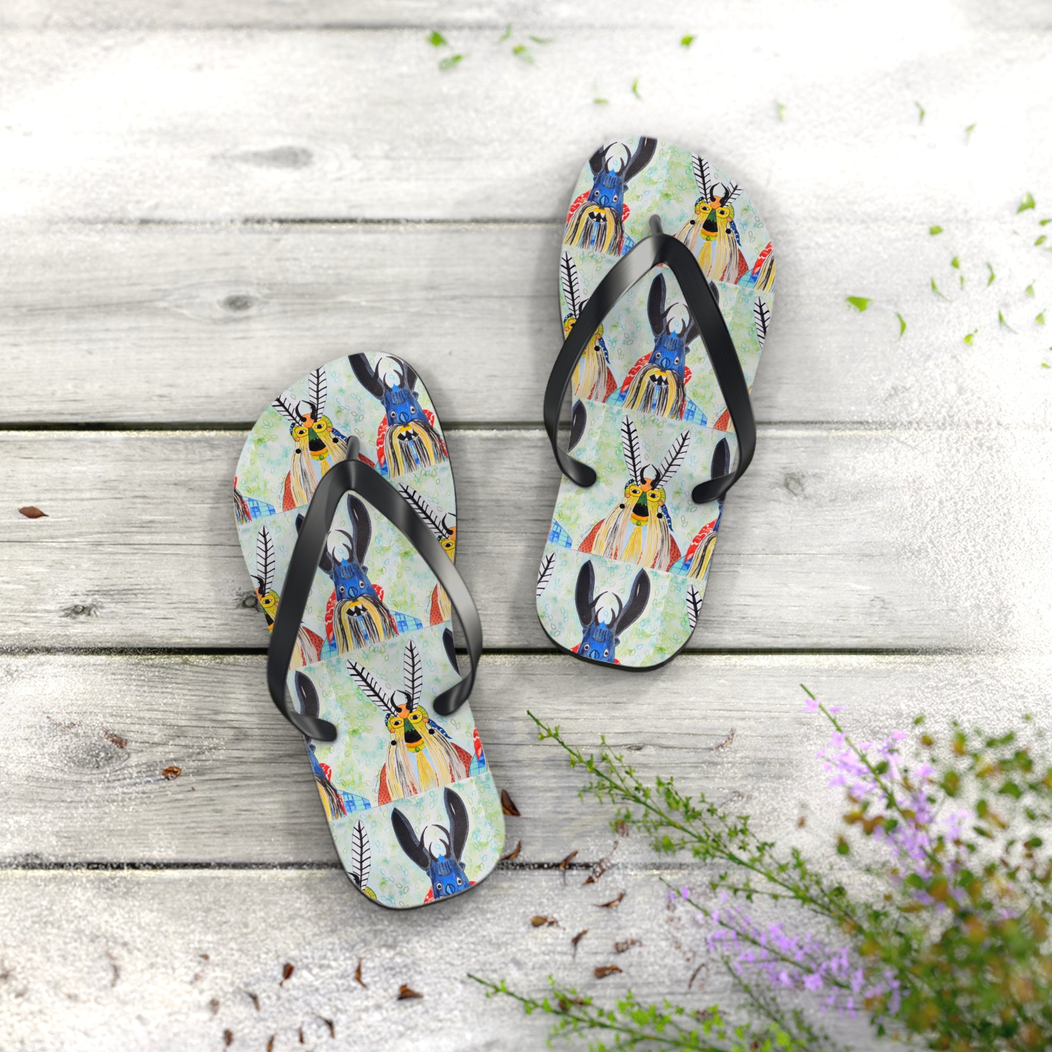 Colorful Watercolor Goat Flip Flops — Boho Farm Animal Summer Sandals
