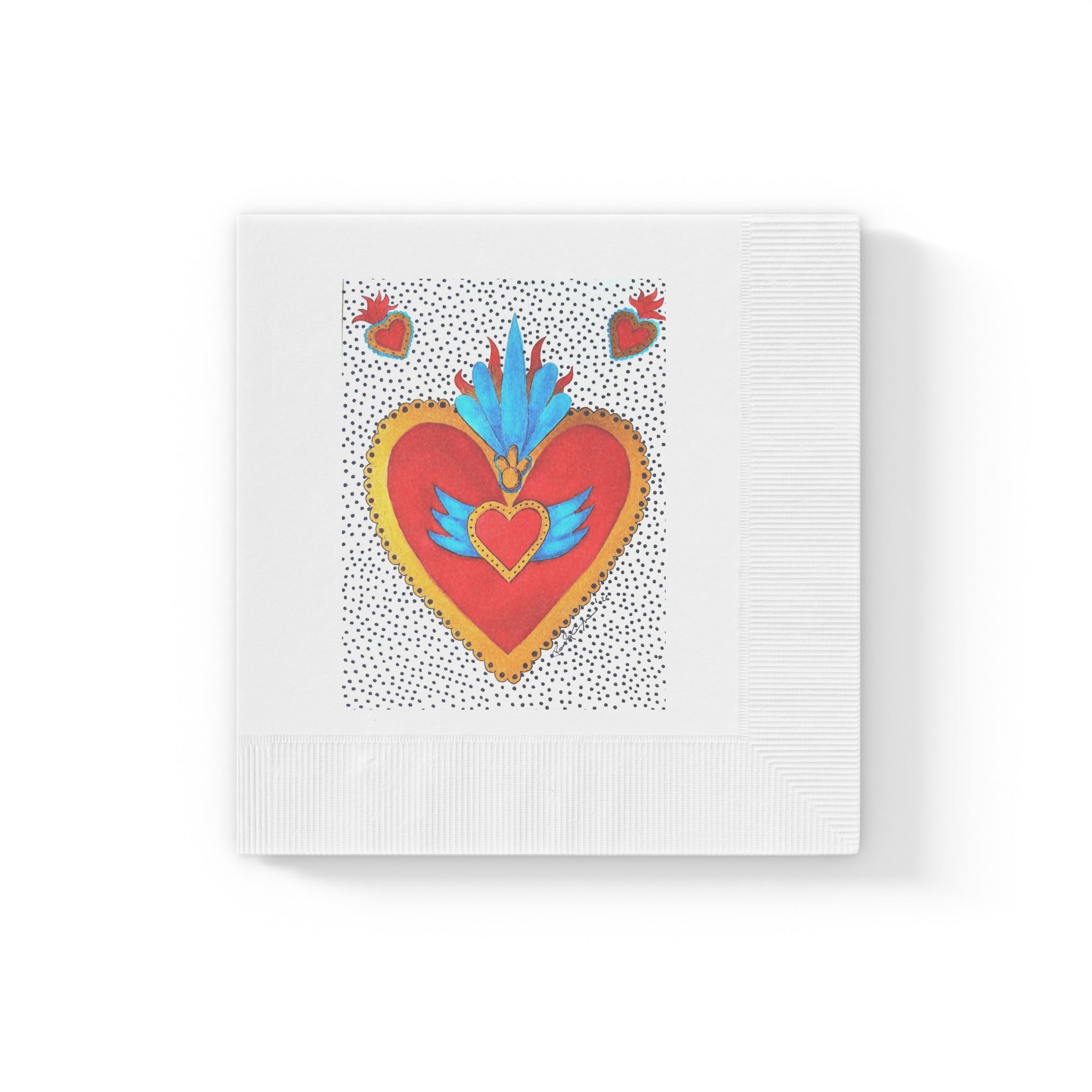 Embroidered Sacred Heart Paper Napkins — Colorful Folk Art Cocktail Napkins